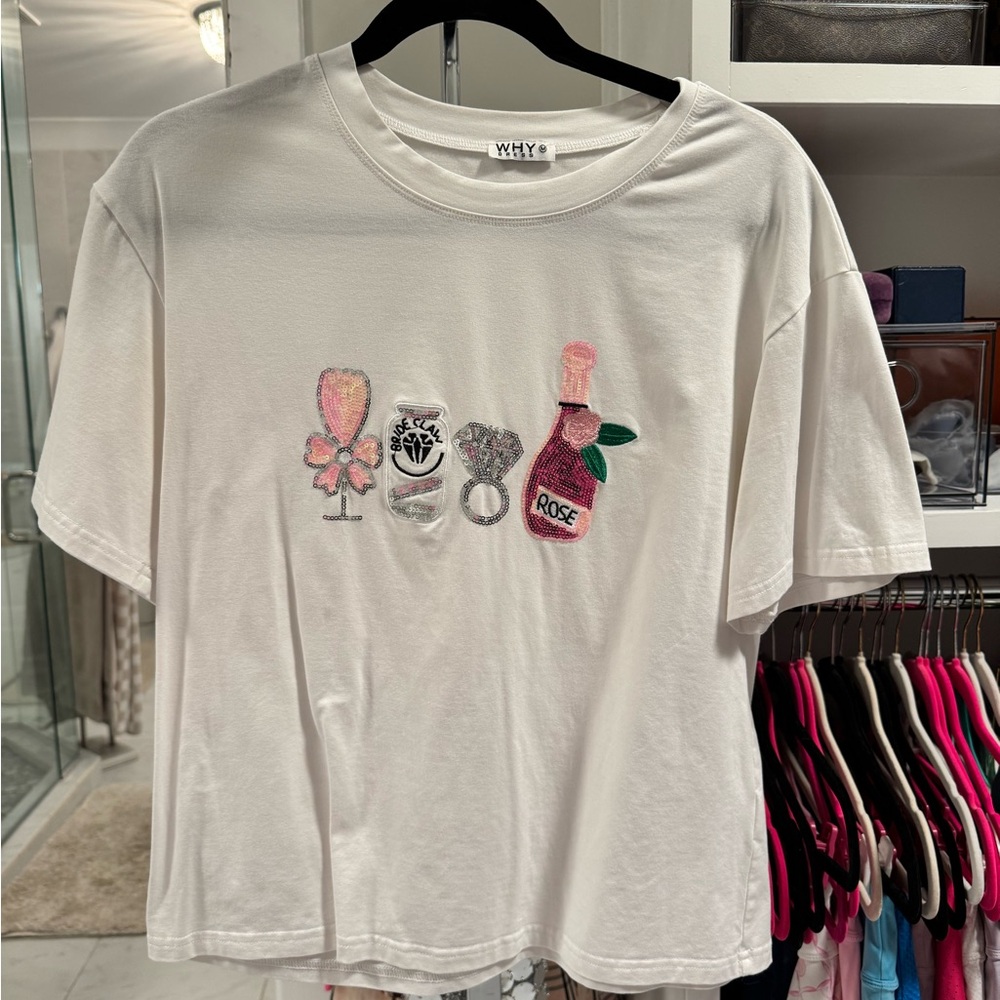 White WHY Bride T-Shirt with Embroidered Design Engaged